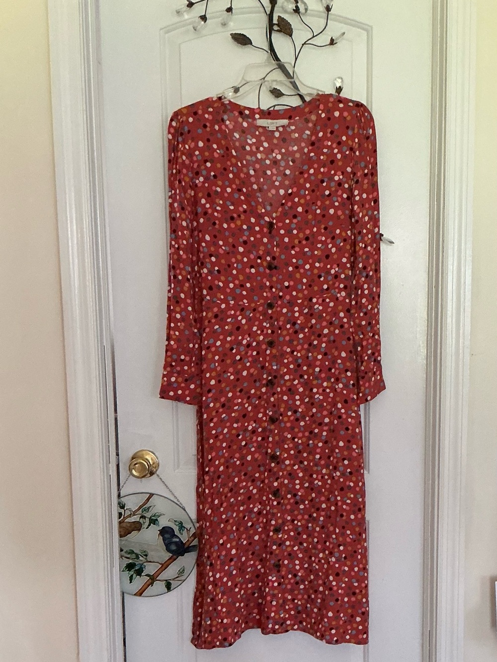 LOFT Coral Button-Front Polka Dot Midi Dress